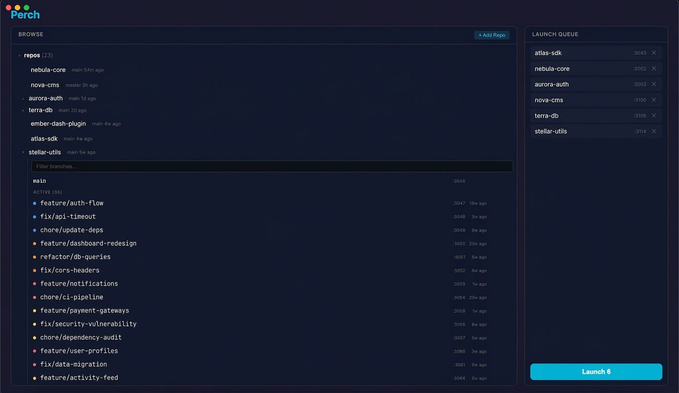 Perch branch picker showing git branches for a selected project