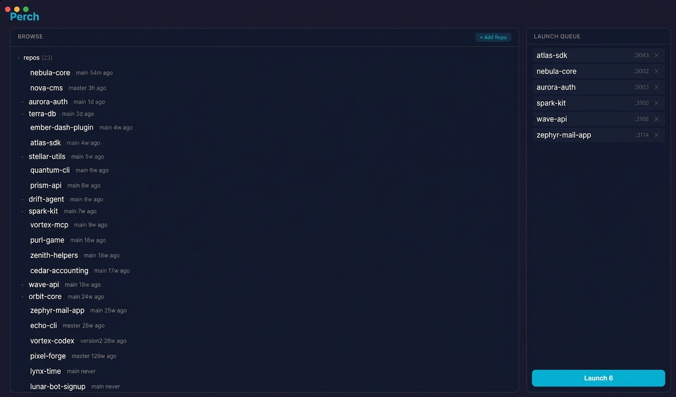 Perch project picker showing auto-discovered repos and launch queue