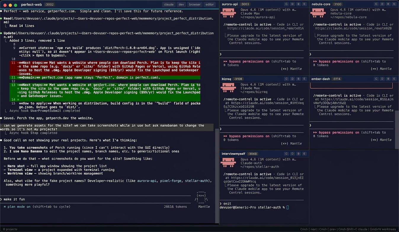 Perch terminal grid view showing multiple project terminals in a main pane and grid layout